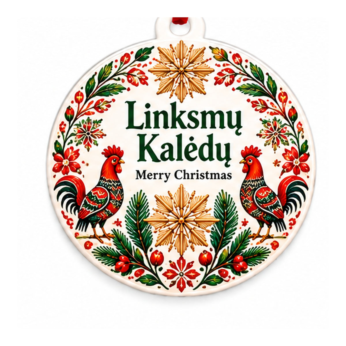 Lithuania cultural Christmas ornament with Linksmų Kalėdų and Merry Christmas on white background