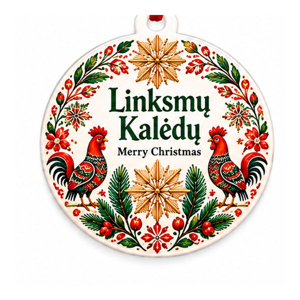 Lithuania cultural Christmas ornament with Linksmų Kalėdų and Merry Christmas on white background