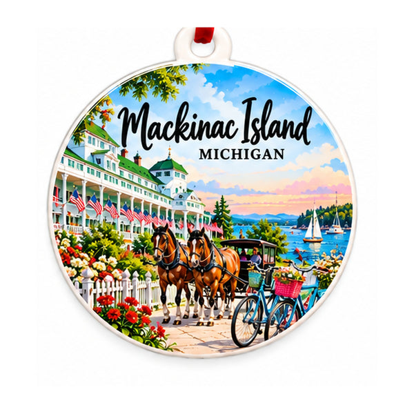 Mackinac Island Michigan PVC ornament with red ribbon on white background