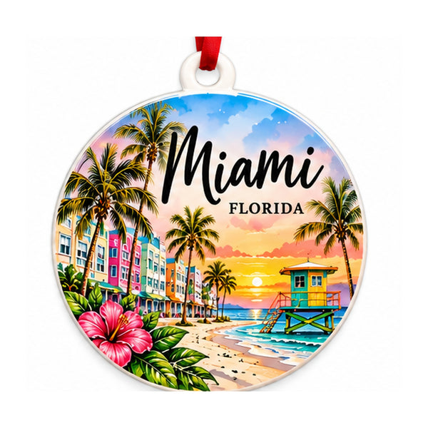 Miami Florida round PVC ornament with top loop on white background