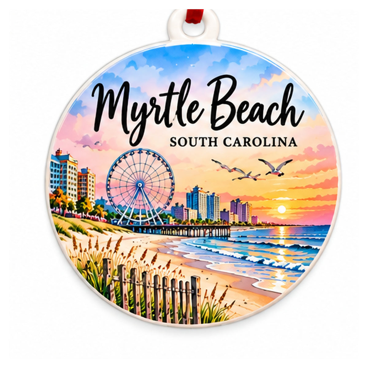 Myrtle Beach South Carolina round PVC ornament with top loop on white background