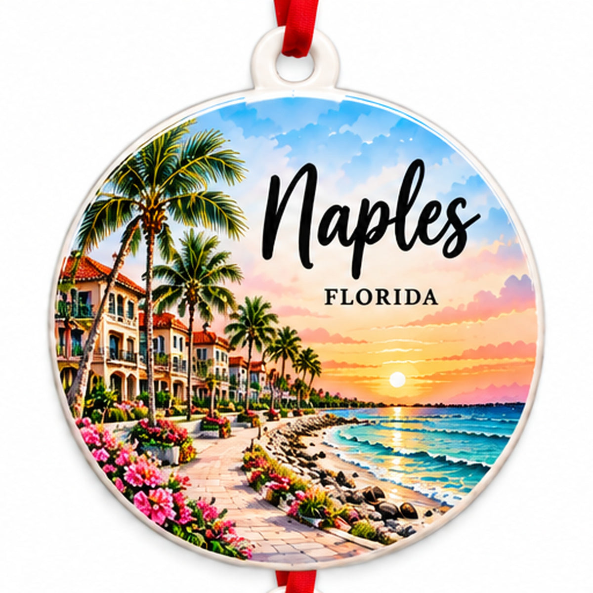 Naples Florida round PVC Christmas ornament front with integrated hanging loop and red ribbon on white background