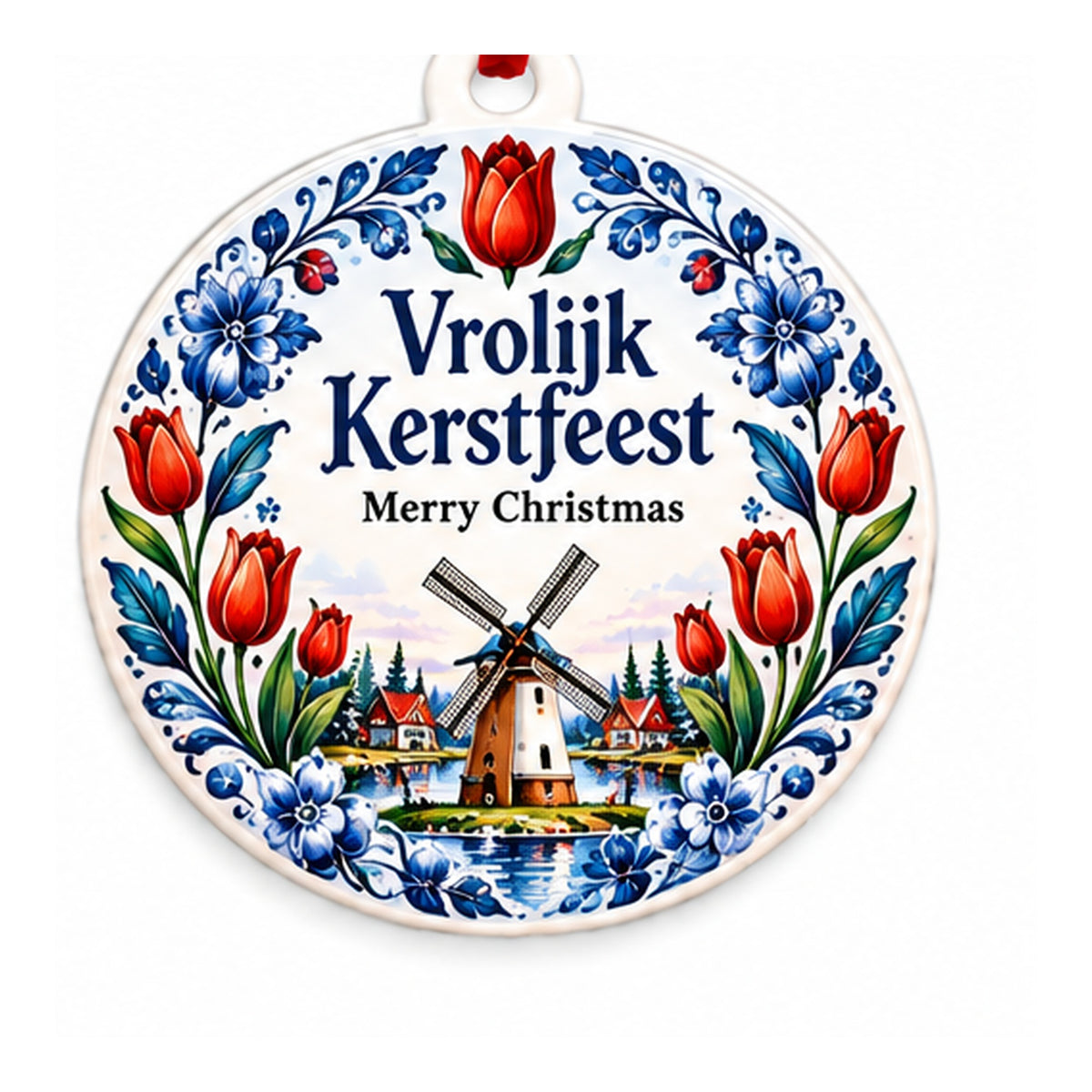 Netherlands cultural Christmas ornament with Vrolijk Kerstfeest and Merry Christmas on white background