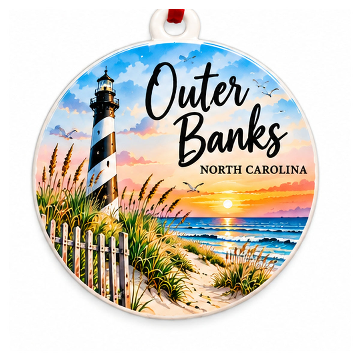 Outer Banks North Carolina round PVC ornament with top loop on white background