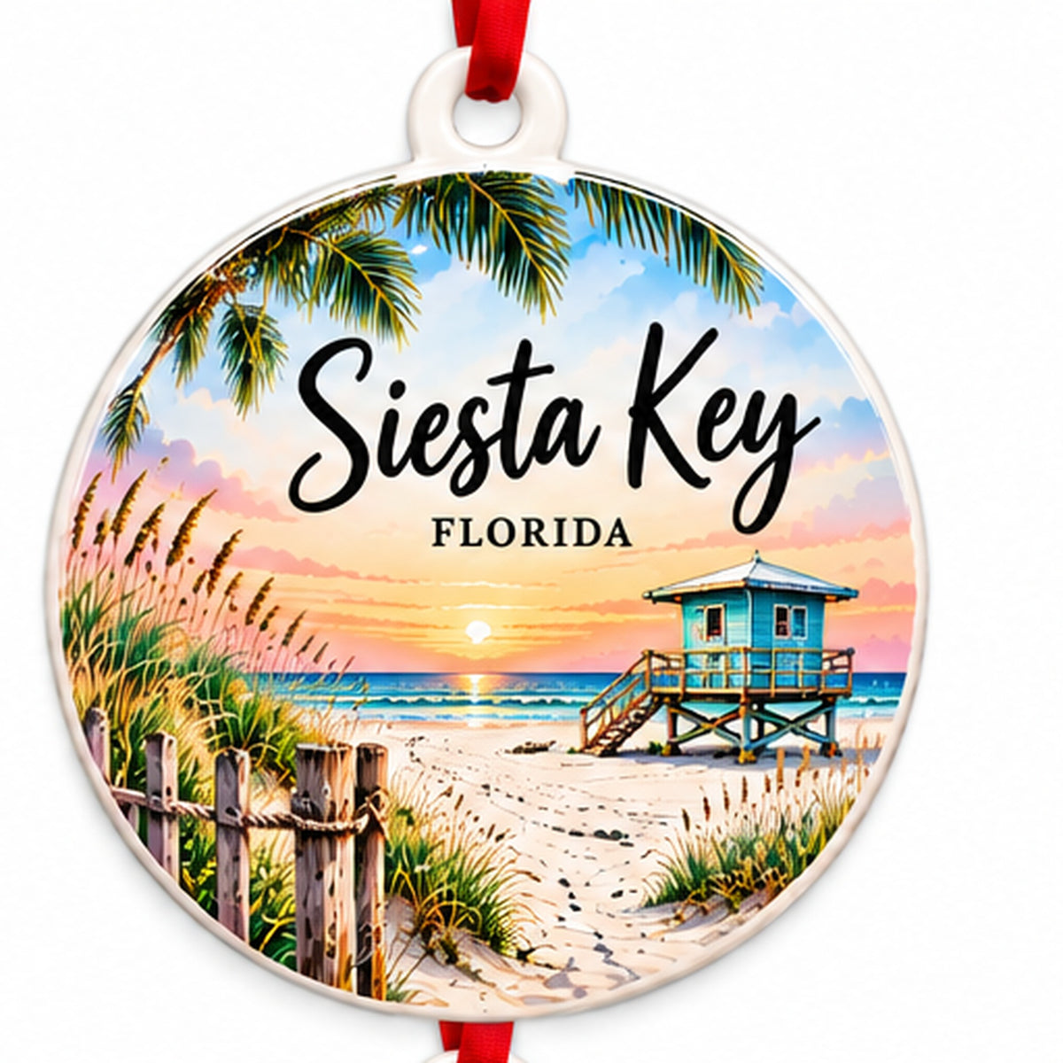 Siesta Key Florida round PVC Christmas ornament front with integrated hanging loop and red ribbon on white background