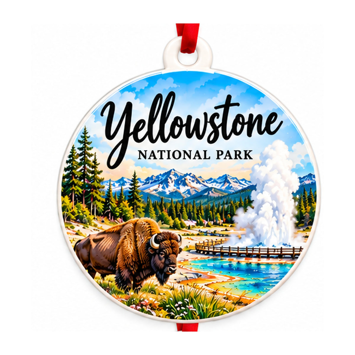 Yellowstone National Park PVC ornament with red ribbon on white background