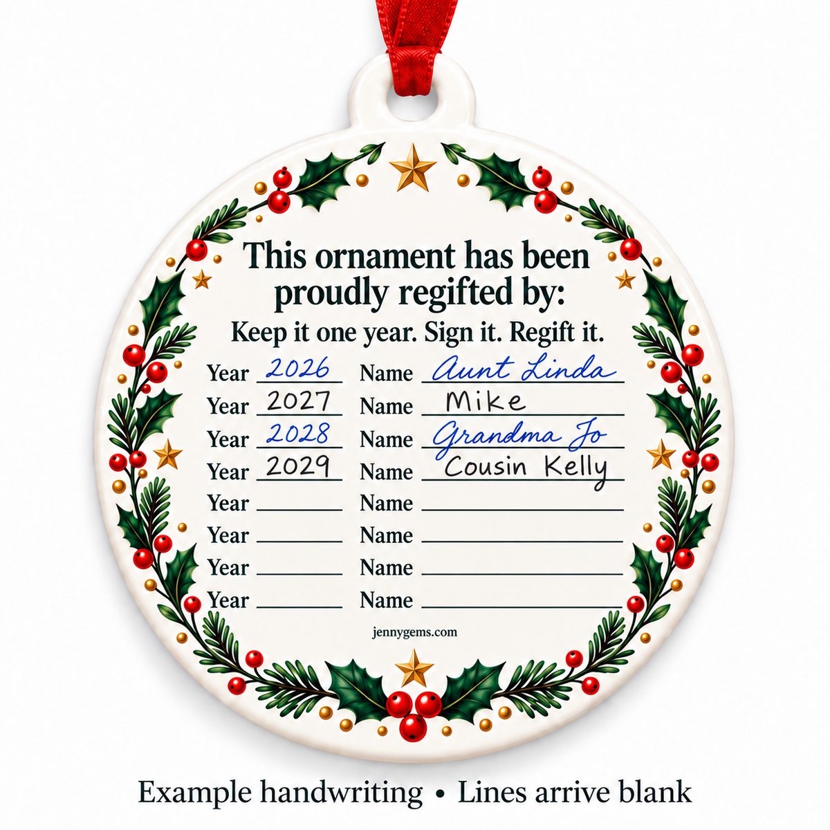 Back of Regift This Ornament with four example handwritten names and years; writing lines arrive blank.