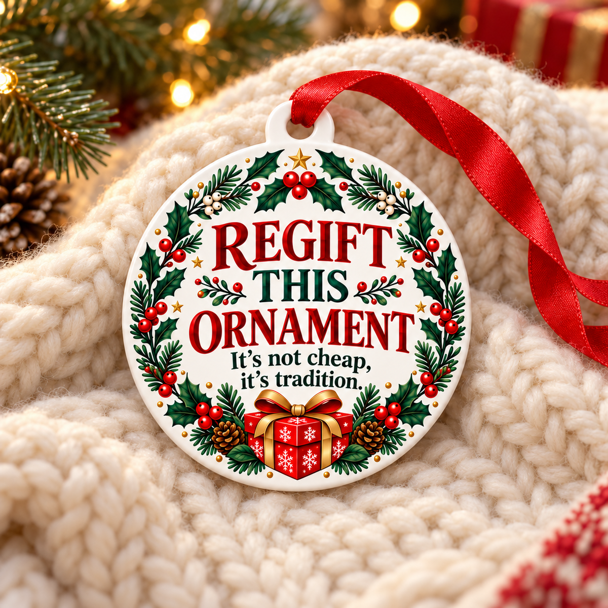 Regift This Ornament resting on a cozy cream knit blanket with red ribbon and holiday lights.