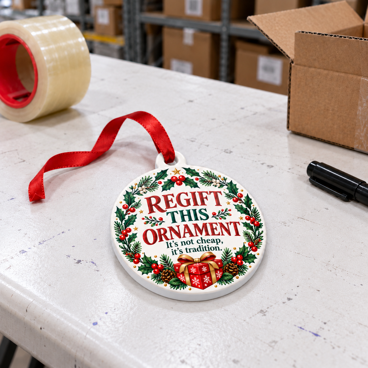 Regift This Ornament with It’s not cheap, it’s tradition tagline lying on a white folding warehouse table.