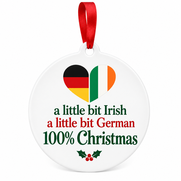 A little bit Irish, a little bit German, 100% Christmas ornament with a split German and Irish flag heart on white.