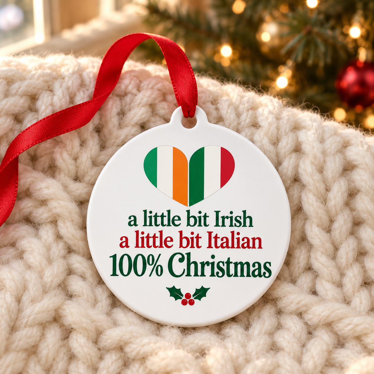 Irish Italian Christmas ornament on a cozy cream knit blanket.