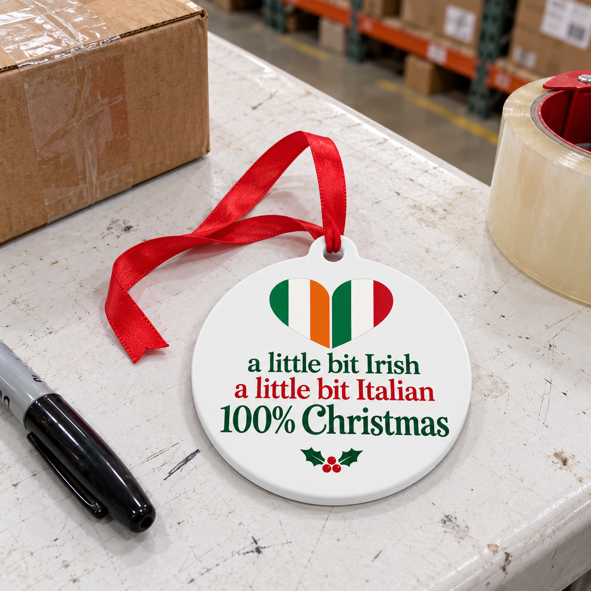 Irish Italian Christmas ornament resting on a white folding warehouse table.