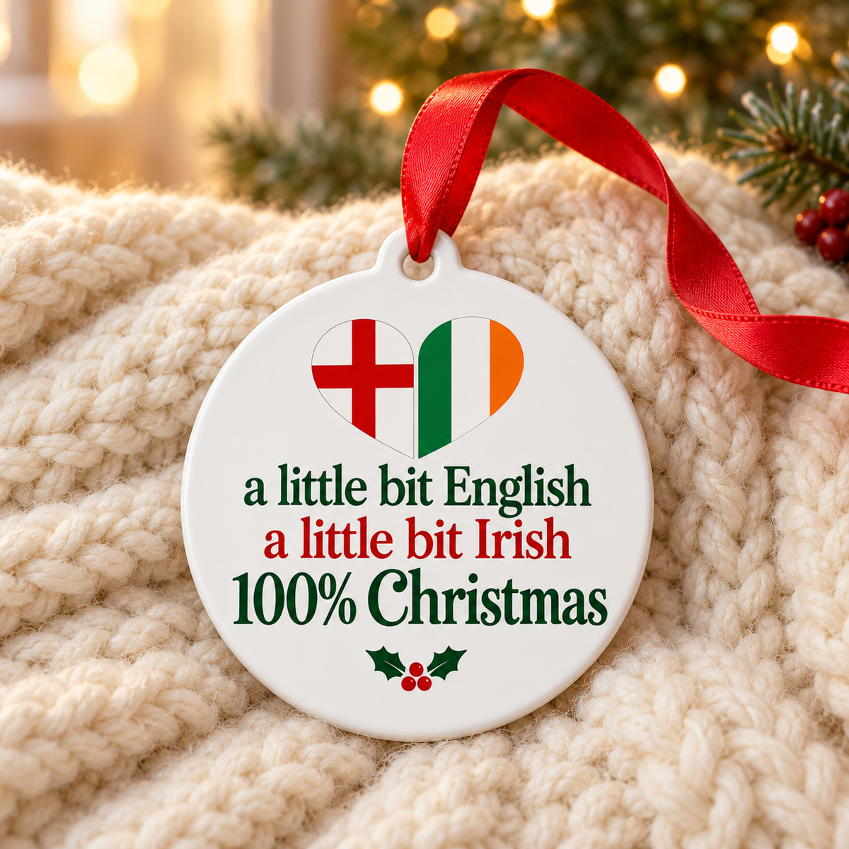 English Irish Christmas ornament on a cozy cream knit blanket.