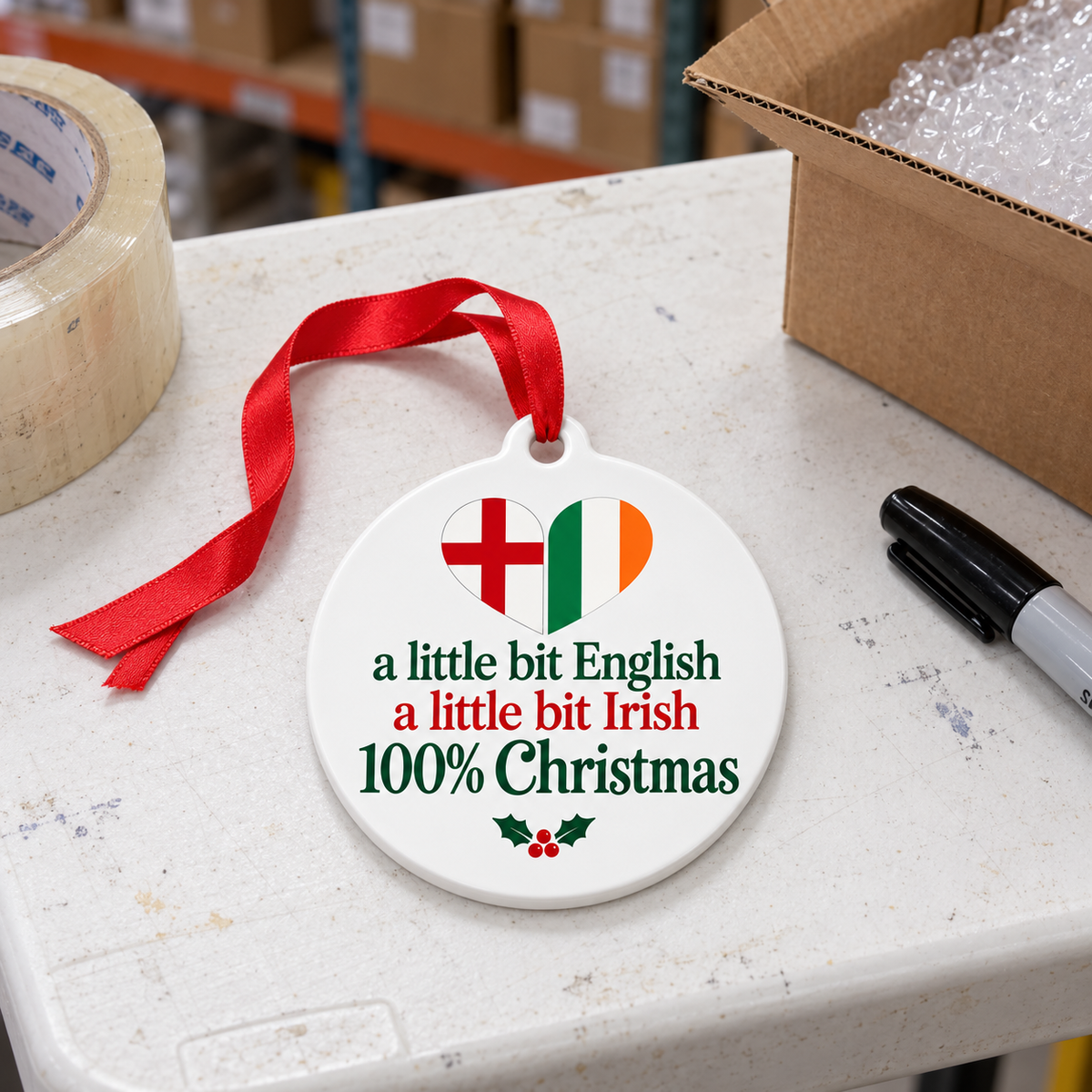 English Irish Christmas ornament resting on a white folding warehouse table.