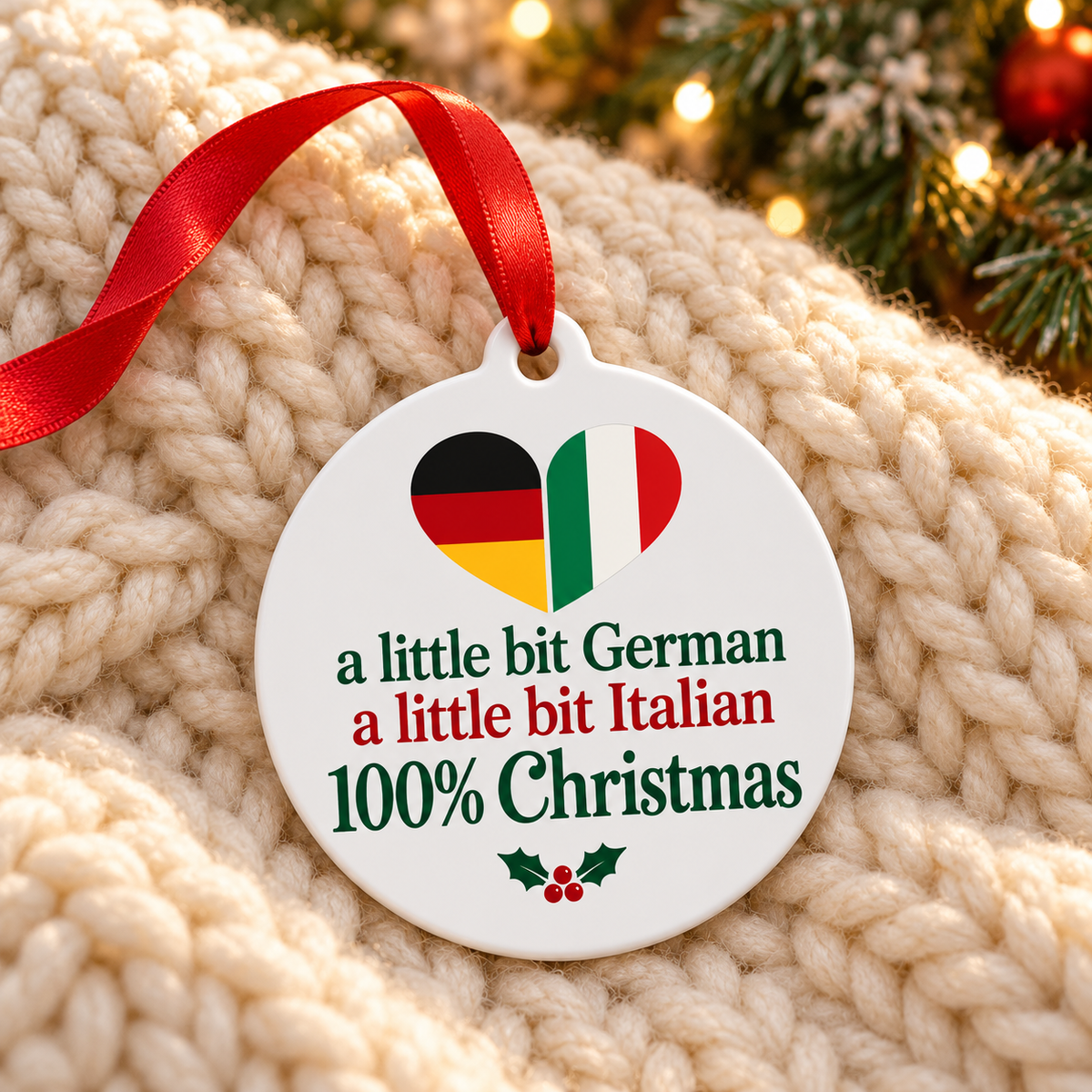 German Italian Christmas ornament on a cozy cream knit blanket.