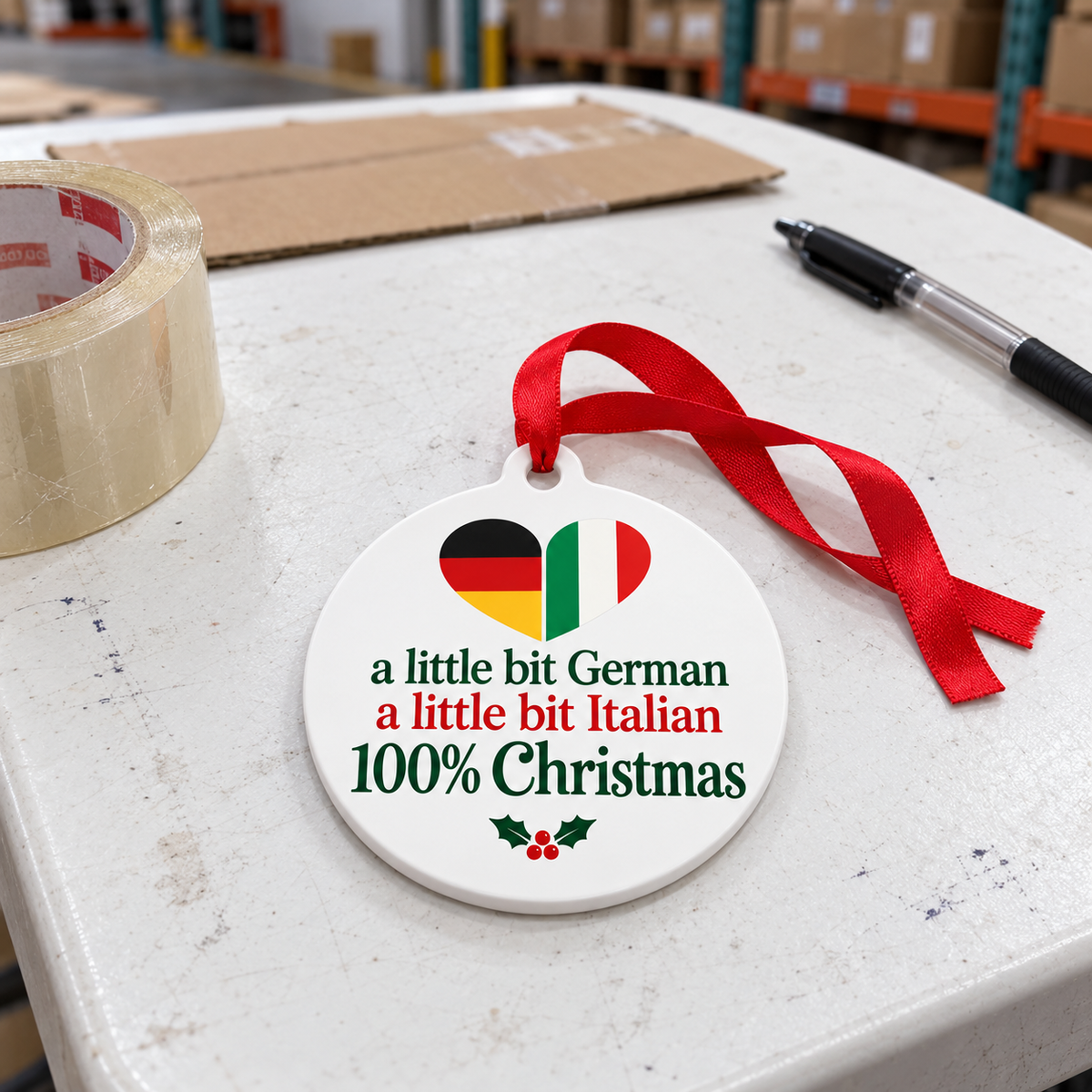 German Italian Christmas ornament resting on a white folding warehouse table.