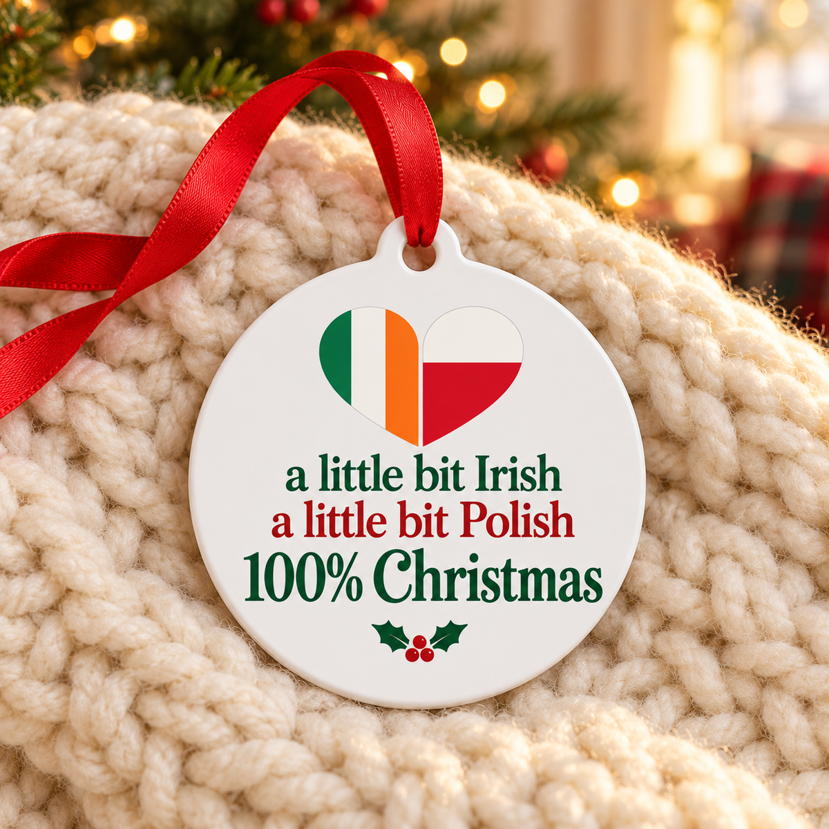 Irish Polish Christmas ornament on a cozy cream knit blanket.