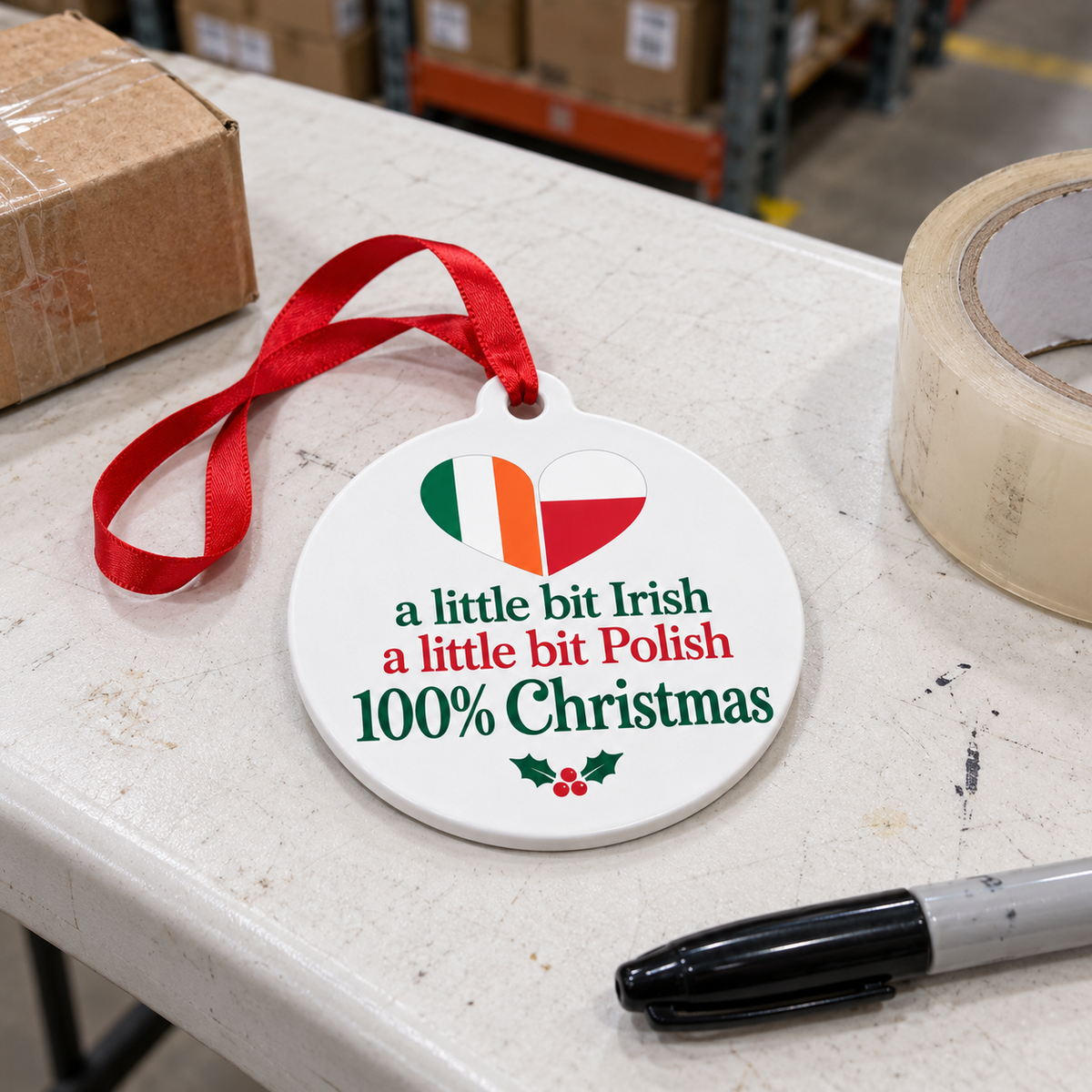 Irish Polish Christmas ornament resting on a white folding warehouse table.