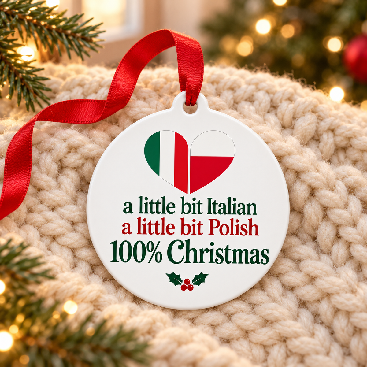 Italian Polish Christmas ornament on a cozy cream knit blanket.