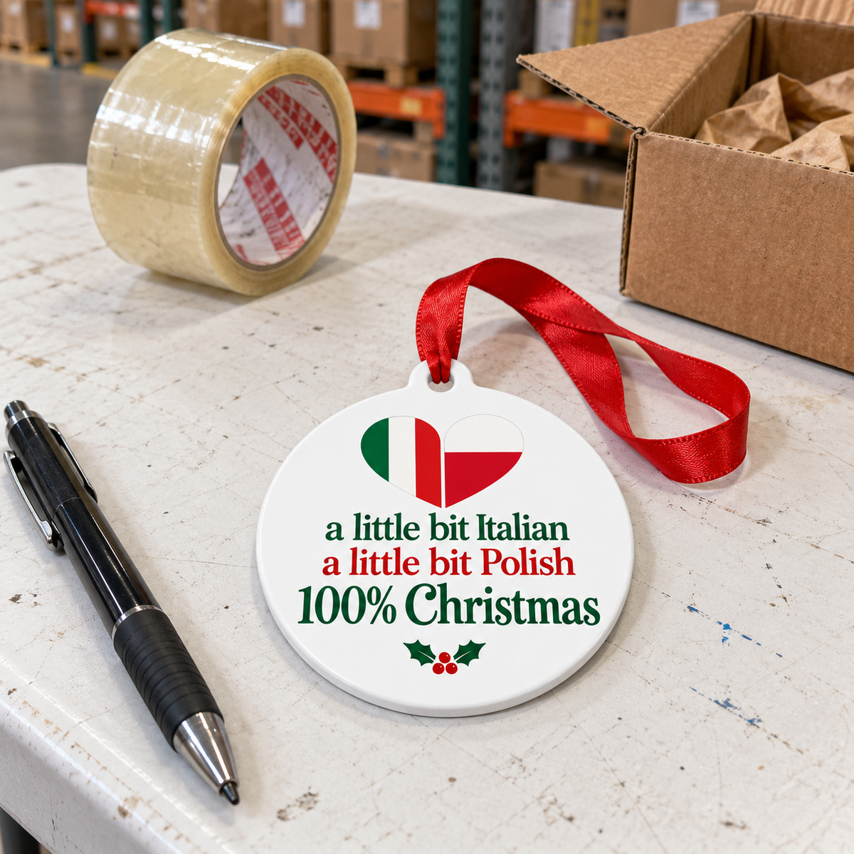 Italian Polish Christmas ornament resting on a white folding warehouse table.