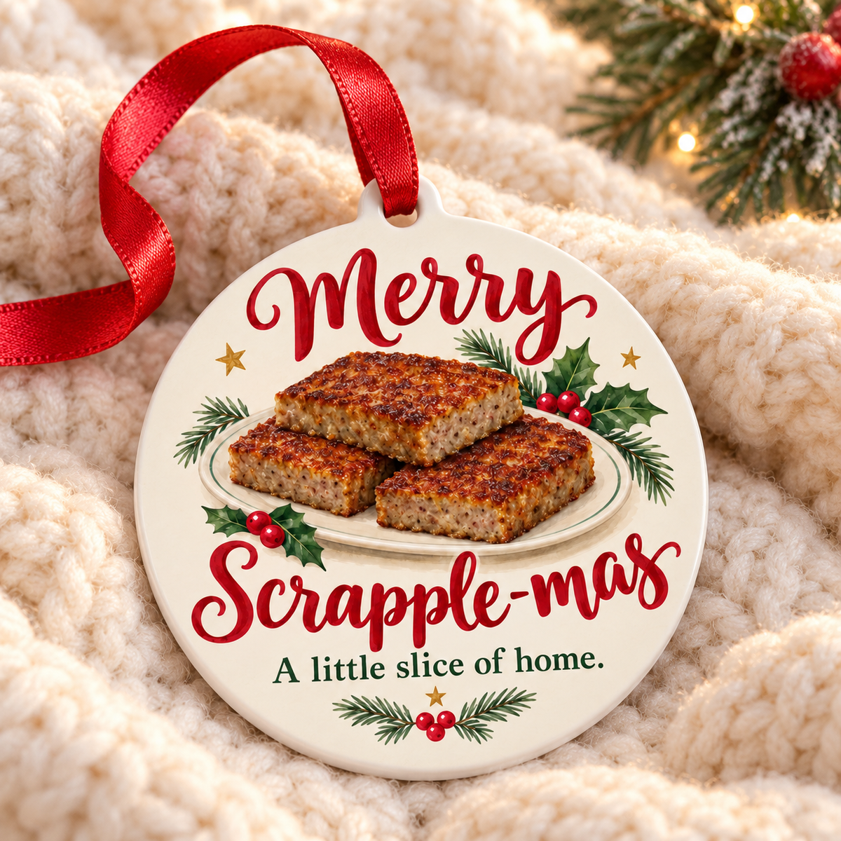 Merry Scrapple-mas ornament with illustrated scrapple and holiday greenery — cozy cream blanket