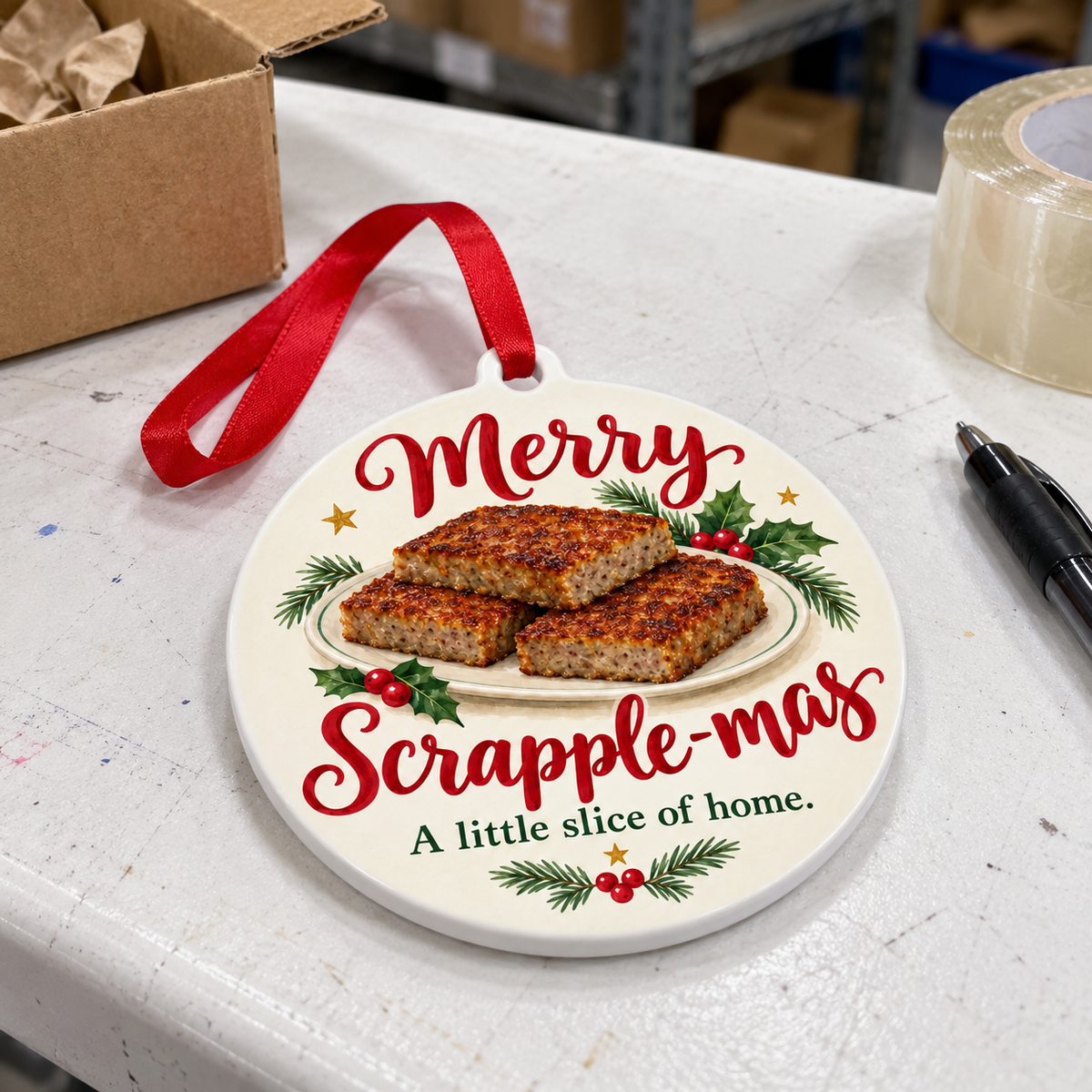 Merry Scrapple-mas ornament with illustrated scrapple and holiday greenery — white folding warehouse table