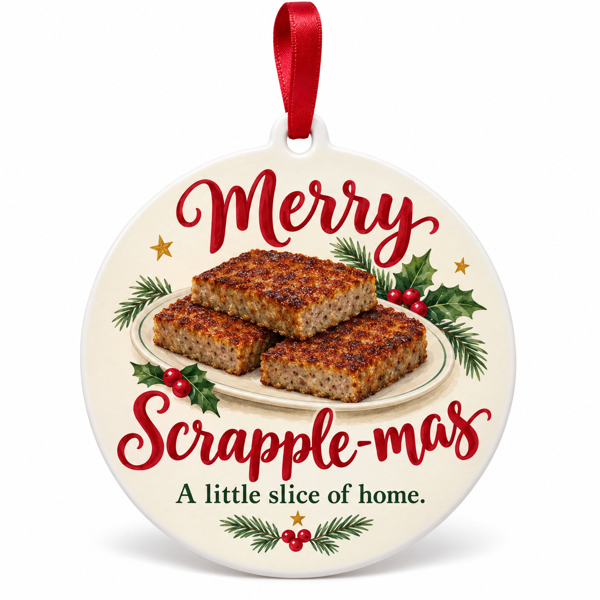 Merry Scrapple-mas ornament with illustrated scrapple and holiday greenery — white background