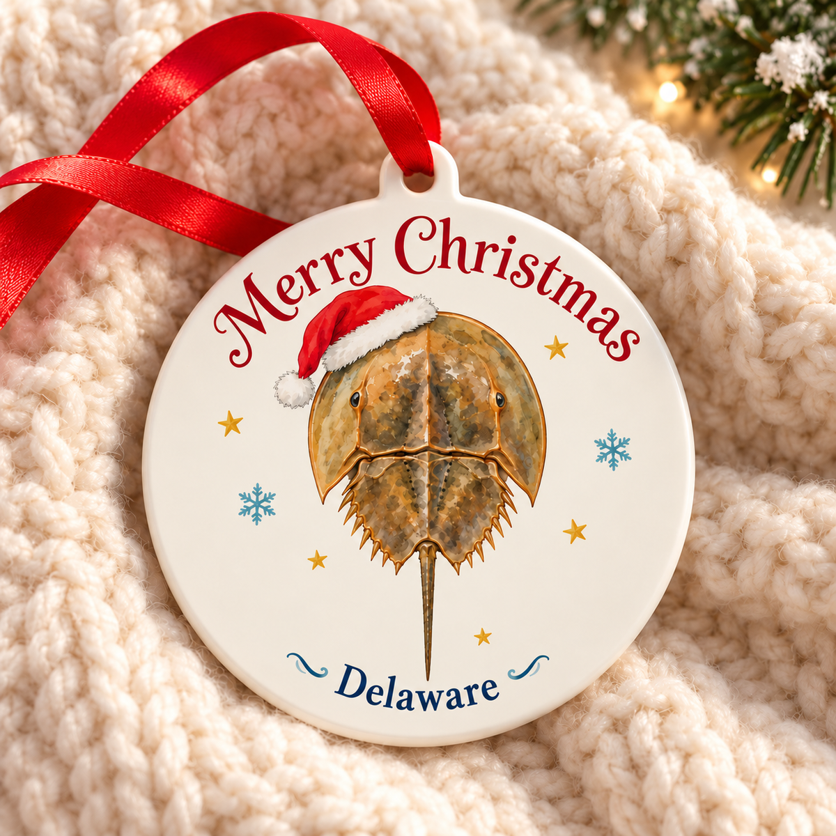 Delaware horseshoe crab ornament wearing a printed Santa hat — cozy cream blanket