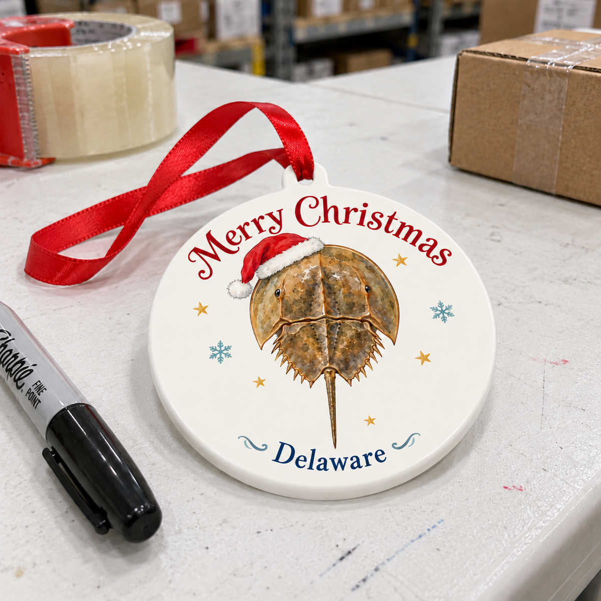 Delaware horseshoe crab ornament wearing a printed Santa hat — white folding warehouse table