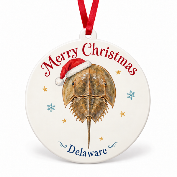 Delaware horseshoe crab ornament wearing a printed Santa hat — white background