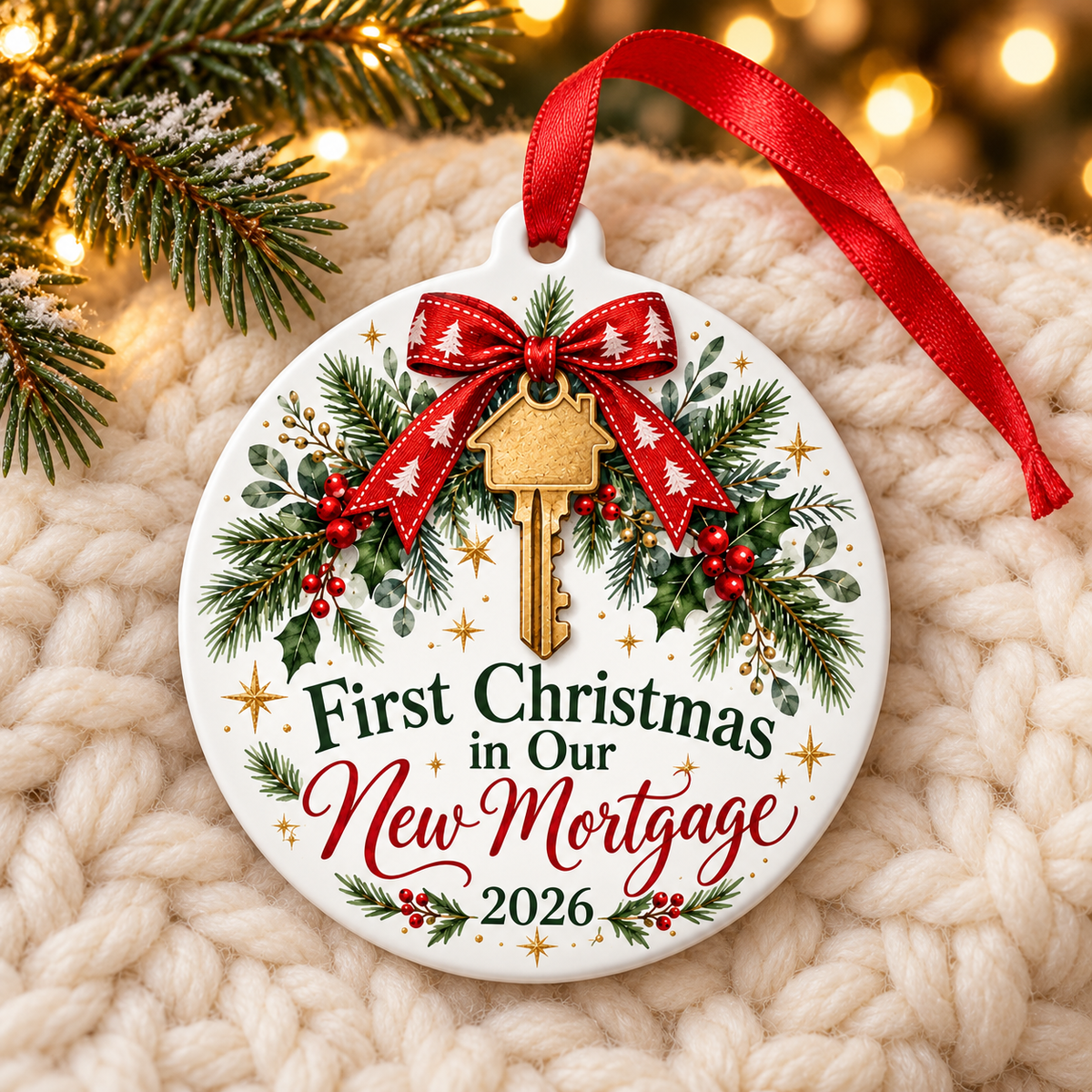 First Christmas in Our New Mortgage 2026 Ornament – Funny New Home Gift on cream knit blanket