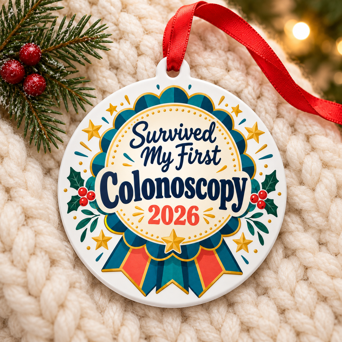 Survived My First Colonoscopy 2026 Ornament – Funny Medical Milestone Gift on cream knit blanket