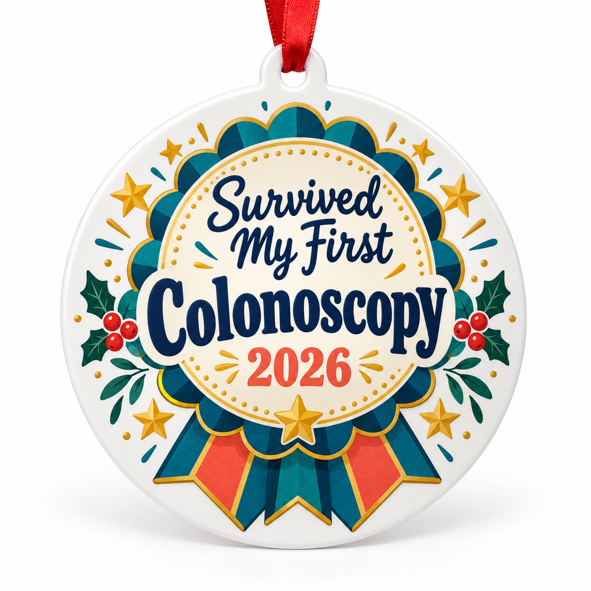 Survived My First Colonoscopy 2026 Ornament – Funny Medical Milestone Gift on white background