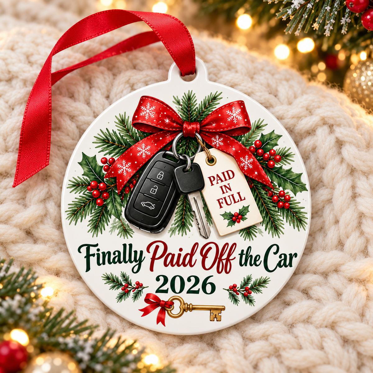 Finally Paid Off the Car 2026 Christmas Ornament – Funny Car Payoff Gift on cream knit blanket