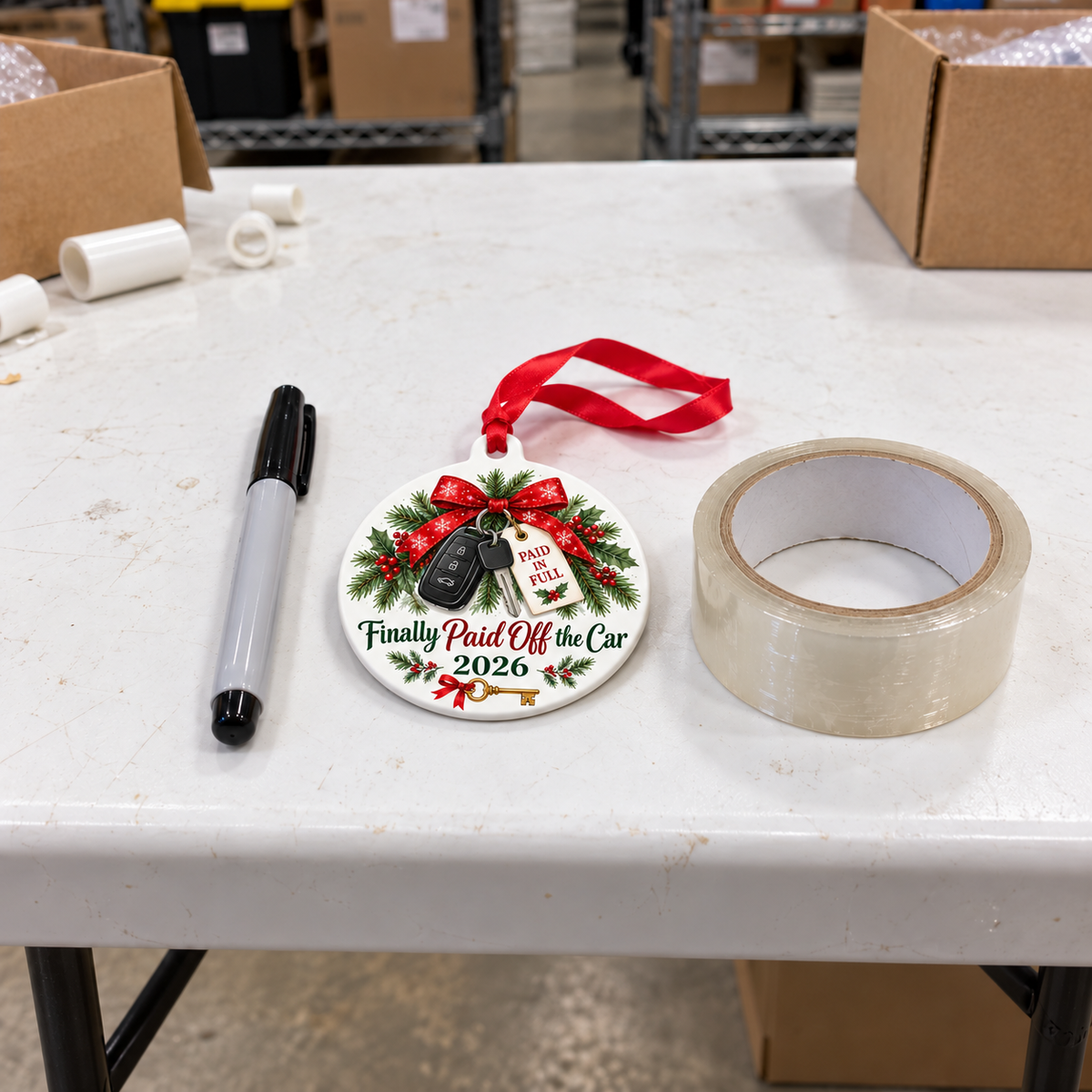 Finally Paid Off the Car 2026 Christmas Ornament – Funny Car Payoff Gift shown at realistic 4-inch size on a thick white folding warehouse work table