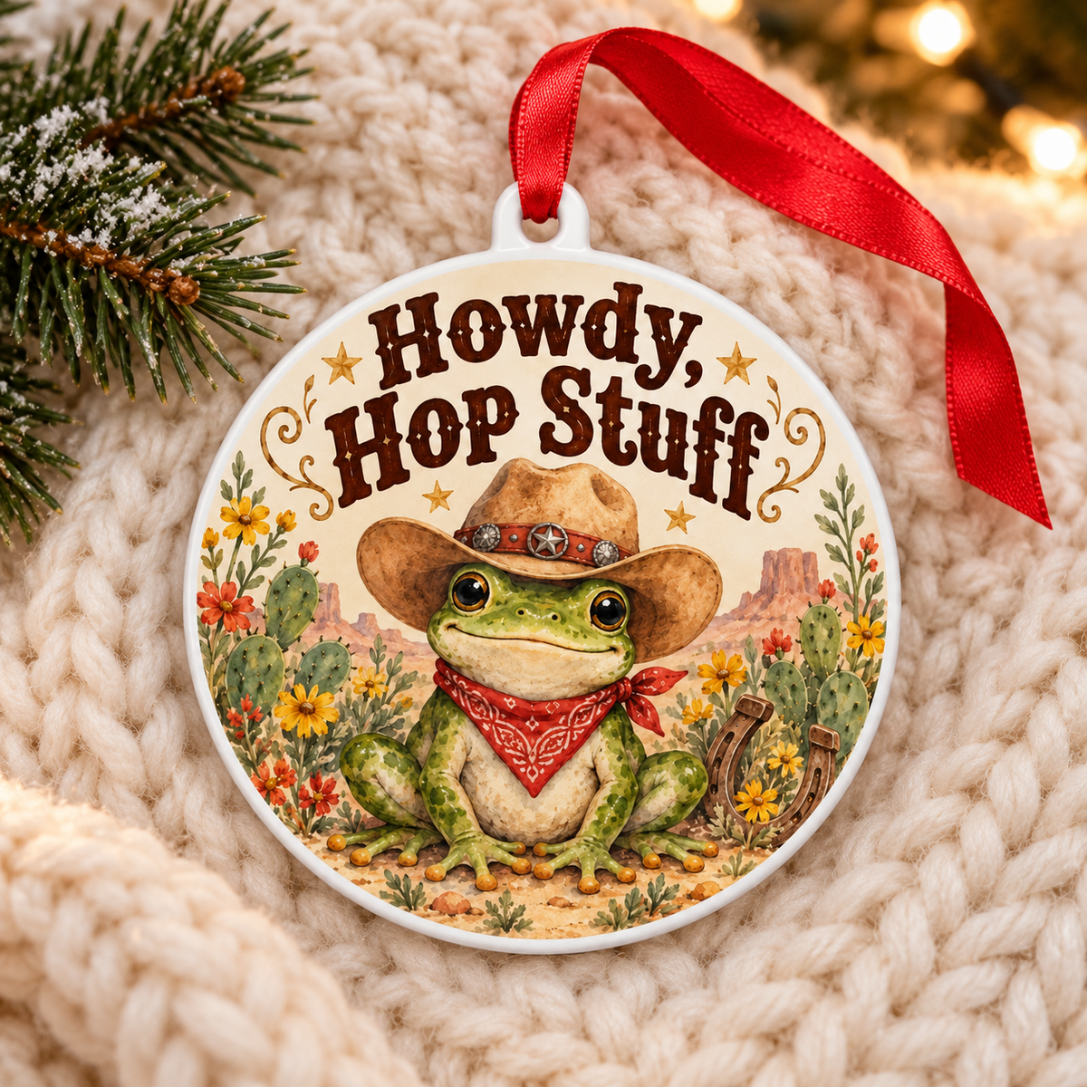 Howdy Hop Stuff Cowboy Frog Christmas Ornament – Cute Western Frog Gift on cream knit blanket