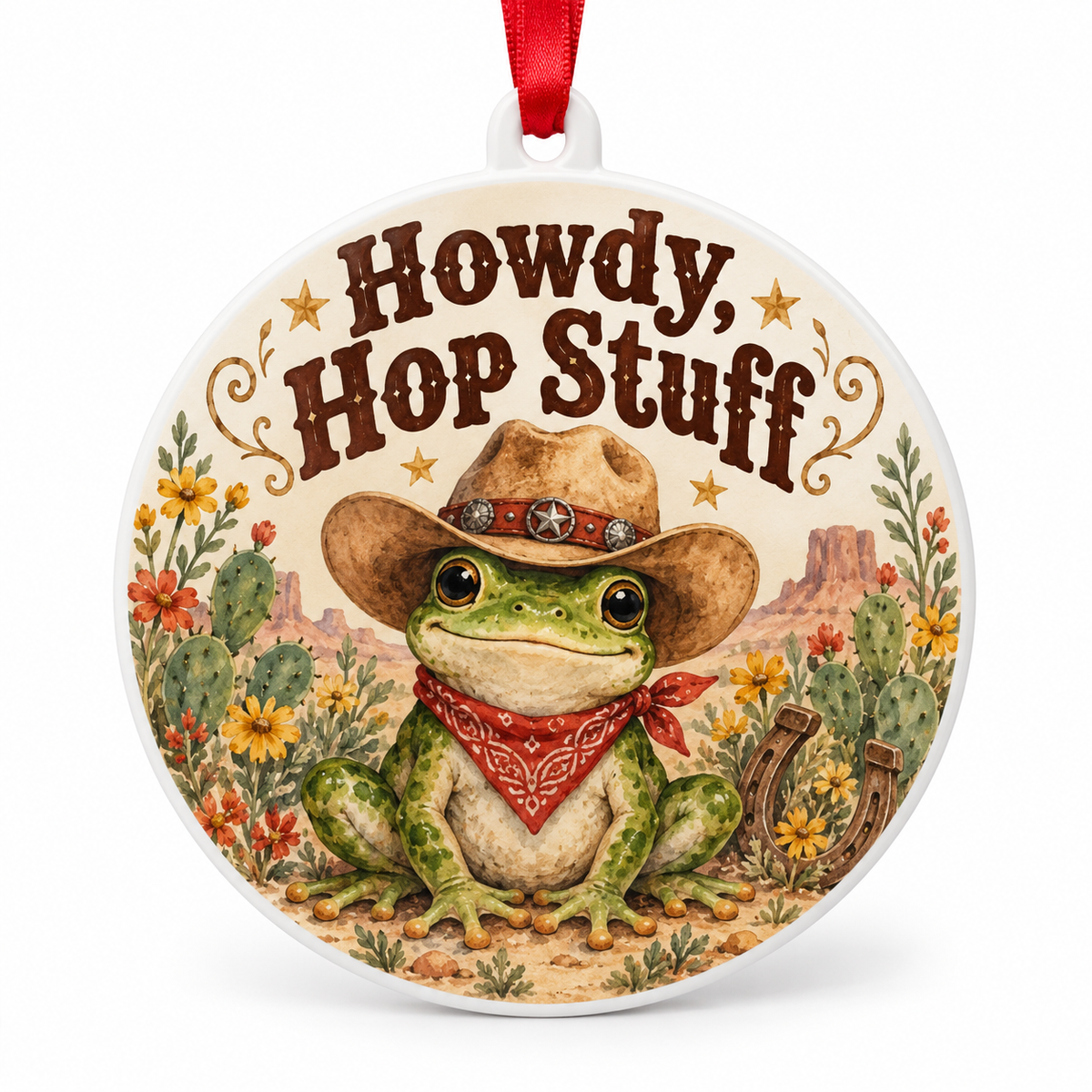 Howdy Hop Stuff Cowboy Frog Christmas Ornament – Cute Western Frog Gift on white background
