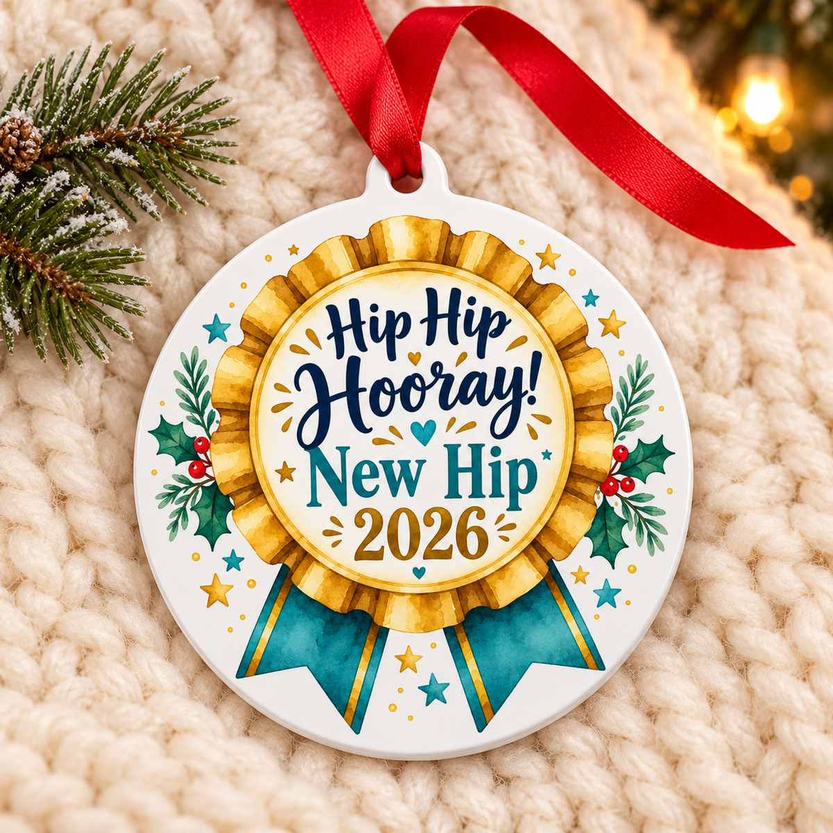 Hip Hip Hooray New Hip 2026 Ornament – Hip Replacement Recovery Gift on cream knit blanket