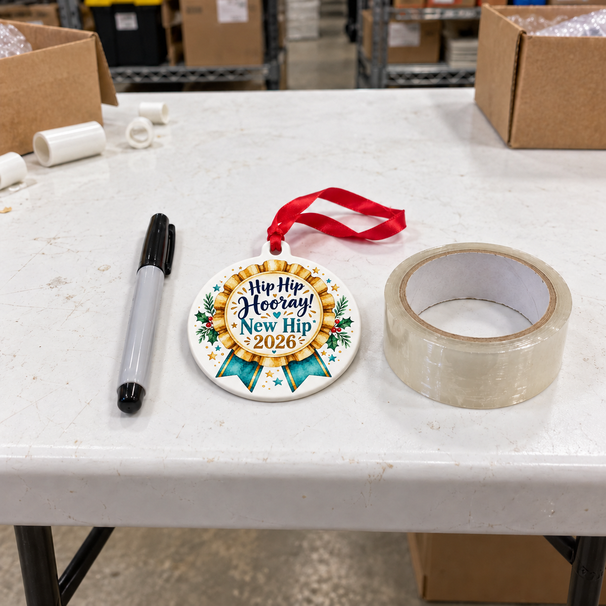 Hip Hip Hooray New Hip 2026 Ornament – Hip Replacement Recovery Gift shown at realistic 4-inch size on a thick white folding warehouse work table