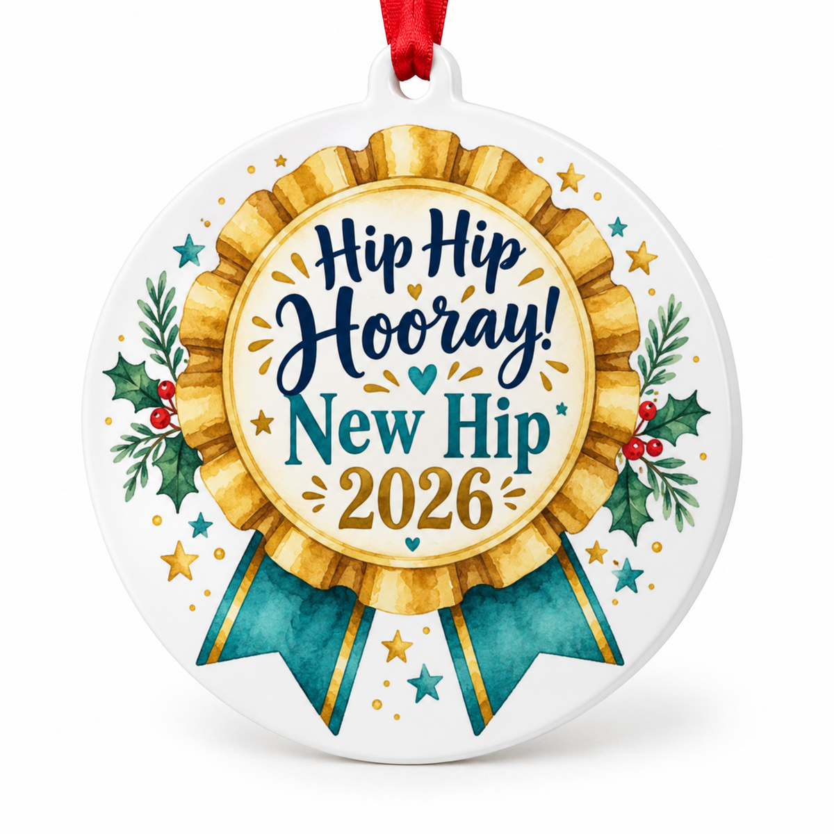 Hip Hip Hooray New Hip 2026 Ornament – Hip Replacement Recovery Gift on white background