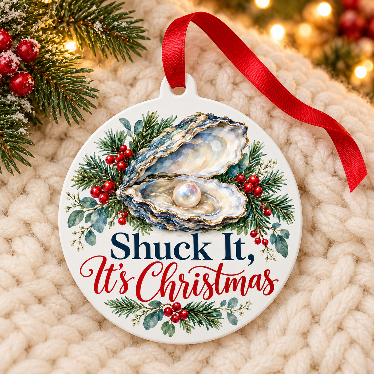 Shuck It It's Christmas Oyster Ornament – Funny Coastal Seafood Gift on cozy cream blanket