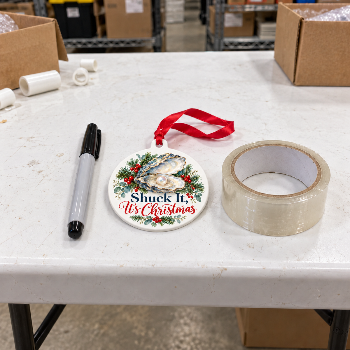 Shuck It It's Christmas Oyster Ornament – Funny Coastal Seafood Gift shown at realistic 4-inch size on a thick white folding warehouse work table