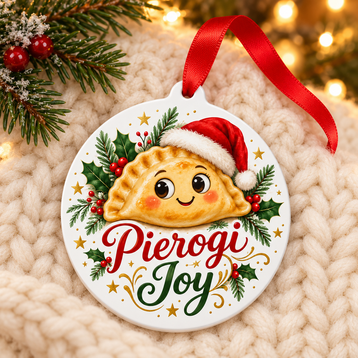 Pierogi Joy Christmas Ornament – Funny Polish Food Dumpling Gift on cozy cream blanket