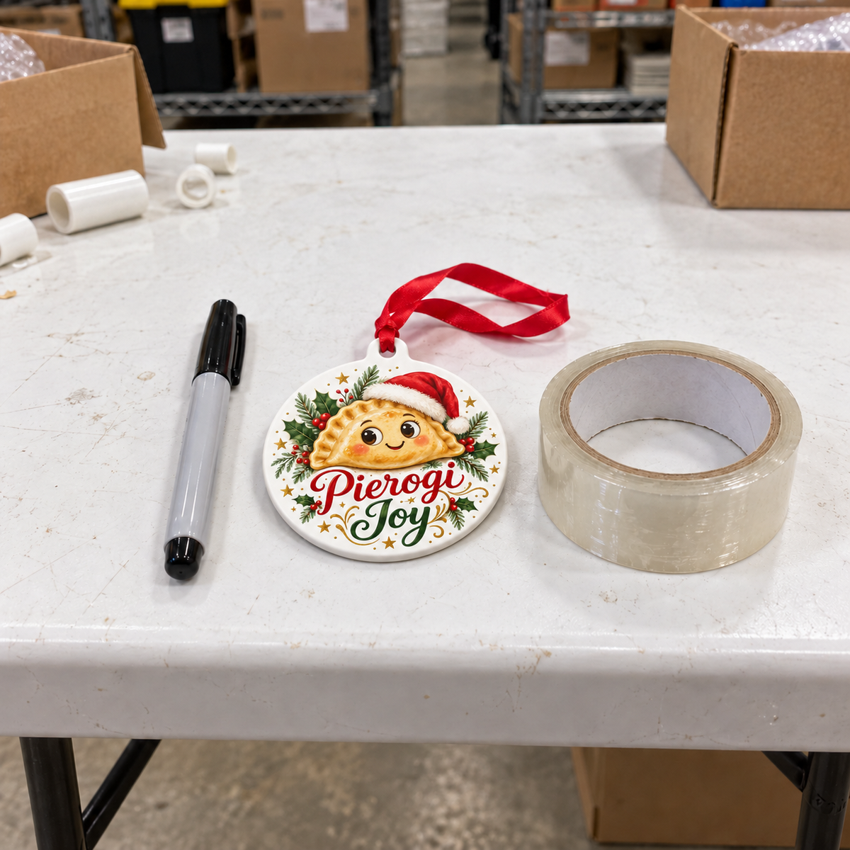 Pierogi Joy Christmas Ornament – Funny Polish Food Dumpling Gift shown at realistic 4-inch size on a thick white folding warehouse work table