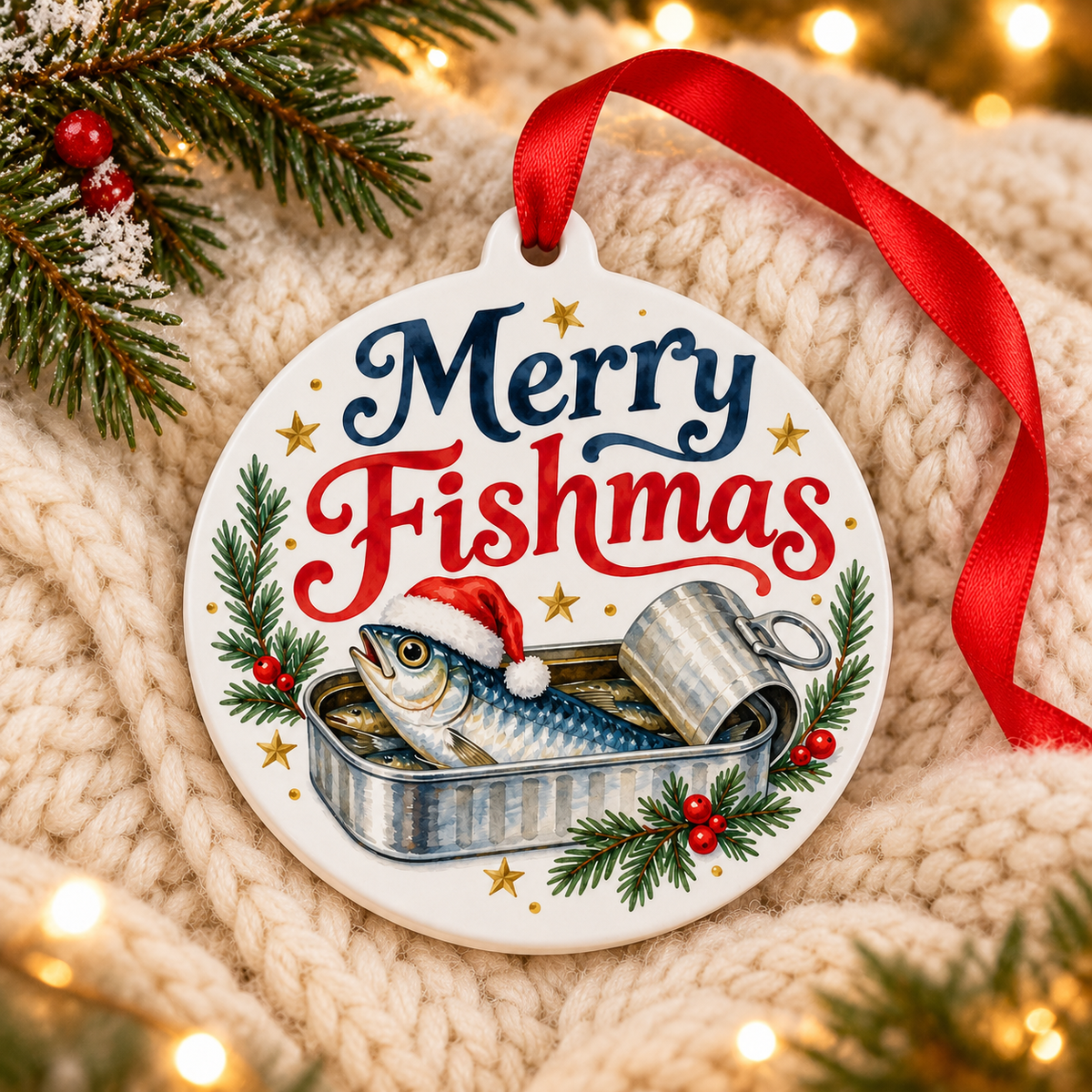 Merry Fishmas Santa Sardine Christmas Ornament – Funny Tinned Fish Gift on cozy cream blanket