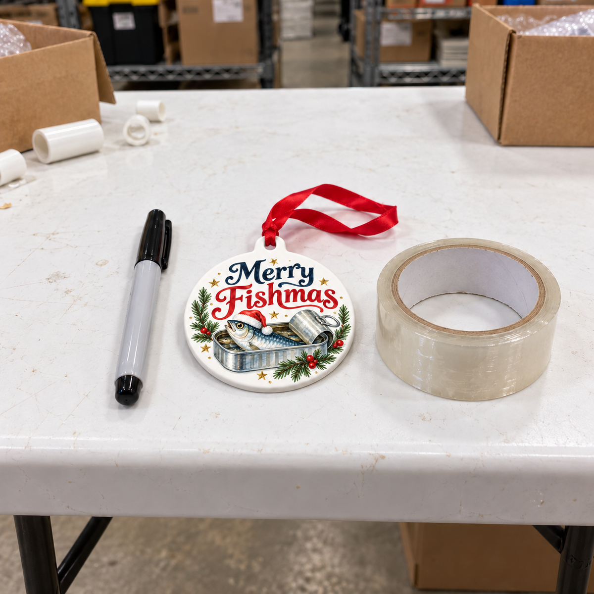 Merry Fishmas Santa Sardine Christmas Ornament – Funny Tinned Fish Gift shown at realistic 4-inch size on a thick white folding warehouse work table