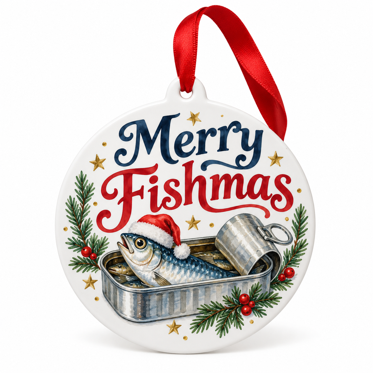 Merry Fishmas Santa Sardine Christmas Ornament – Funny Tinned Fish Gift on white background