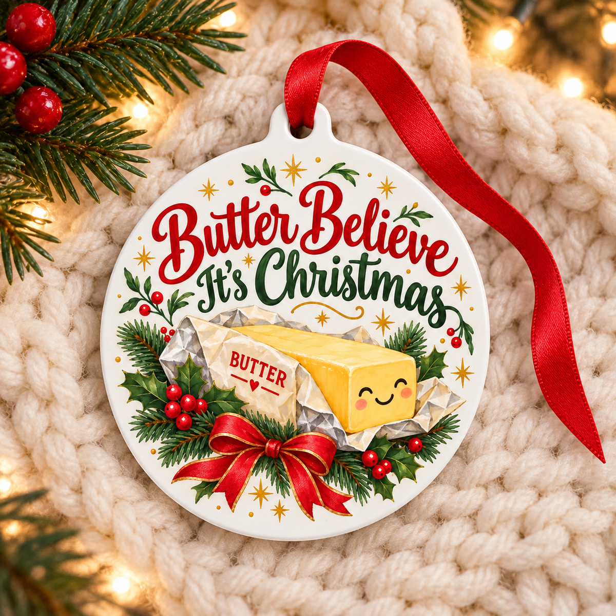 Butter Believe It's Christmas Ornament – Funny Butter Baker Gift — cozy cream blanket lifestyle