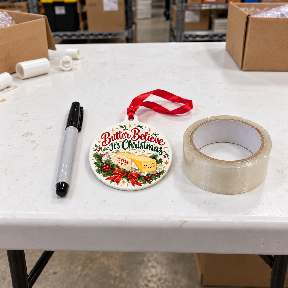 Butter Believe It's Christmas Ornament – Funny Butter Baker Gift — realistic 4-inch scale on thick white warehouse folding table