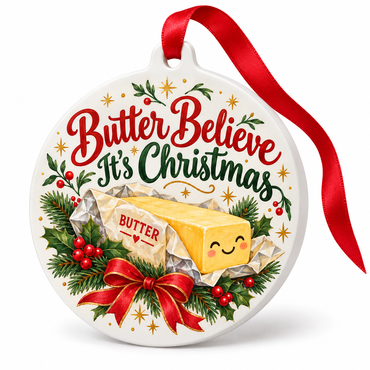 Butter Believe It's Christmas Ornament – Funny Butter Baker Gift — white background
